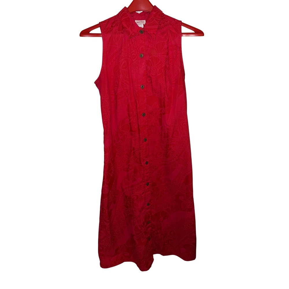 Vintage 70s Good Times Hawaii Dress XL Red Sleeveless Button Front Floral Print
